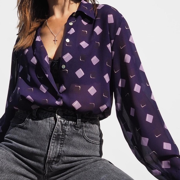 VINTAGE 80'S PURPLE ABSTRACT BLOUSE - Picture 3 of 4